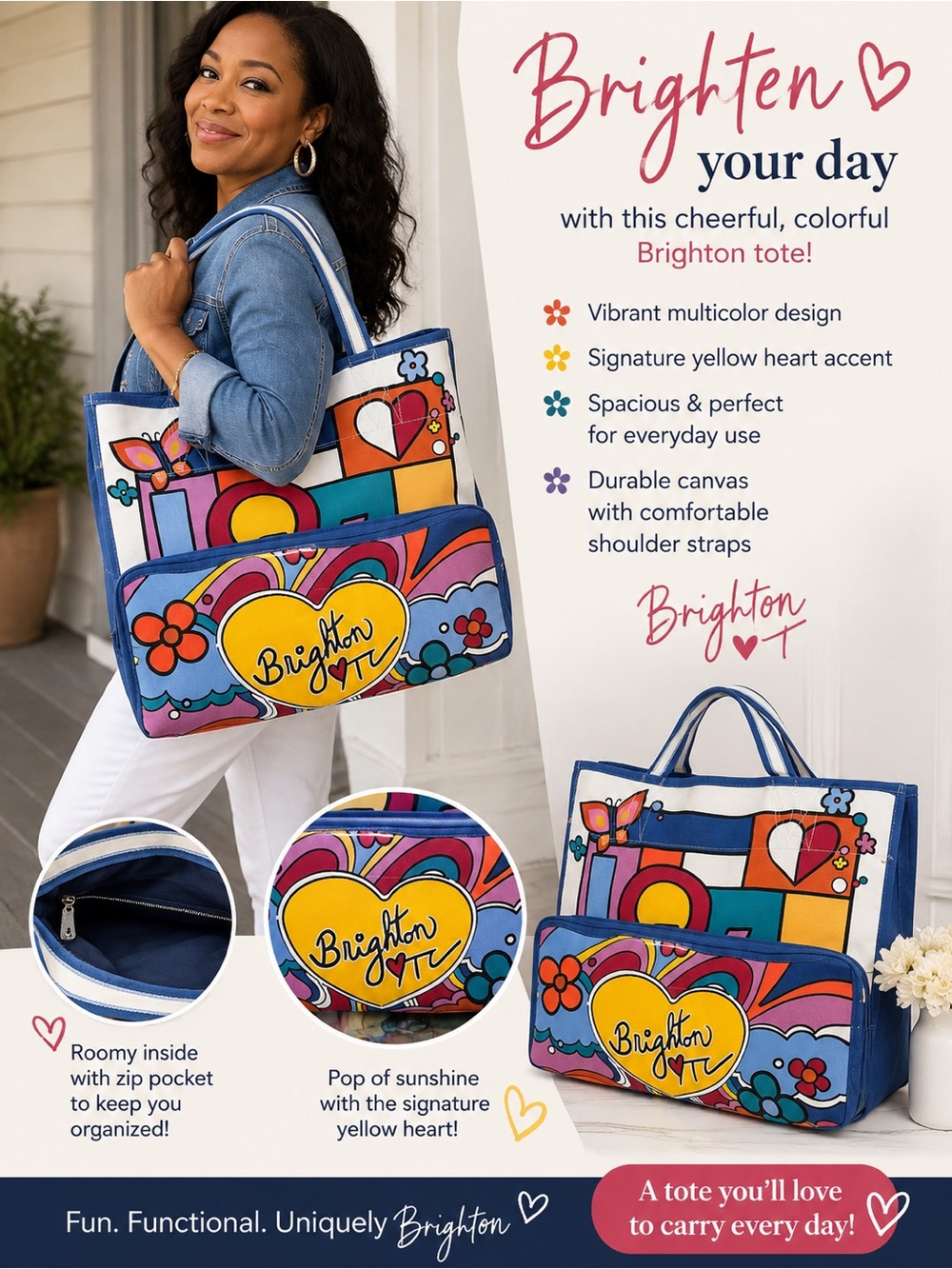 Brighton Multicolor Canvas Tote with Yellow Heart Accent